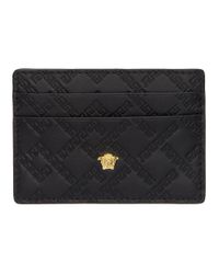 versace leather black greek key card holder for men lyst versace leather black greek