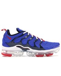 red and blue nike vapormax plus