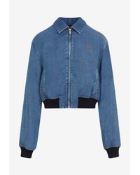 Miu Miu Logo-Patch Zip-Up Jacket in Blue | Lyst