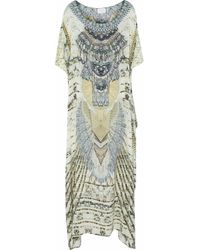 Camilla Multicolor Convertible Crystal-embellished Printed Silk Kaftan Ecru