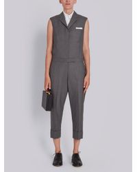 Thom Browne Gray Sleeveleshort Sleeve Notch Collar Jumpsuit In Super 120's Twill