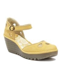 Fly London Yuna Womens Bumblebee Yellow Leather Wedge Sandals
