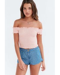 pink smocked off the shoulder top