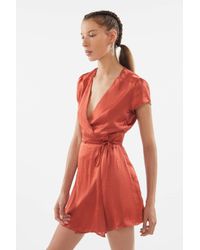 Urban Outfitters Uo Beau Satin Short Sleeve Wrap Dress in Rust (Red) | Lyst