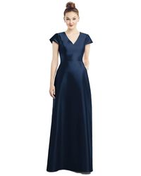 Alfred Sung Cap Sleeve V-neck Satin Gown With Pockets - Blue