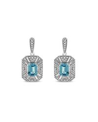 Haus of Brilliance .925 Sterling Silver 7x5mm Emerald Shape Blue Topaz And Diamond Accent Art Deco Halo Style Drop And Dangle Earrings - Black