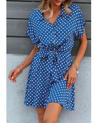 Anna-Kaci Womens Casual Dress Short Sleeves Button Up Polka Dot Printed Tie Waist Mini Dresses