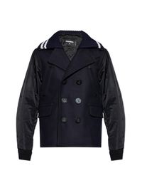 DSquared² Blue Short Double-Breasted Coat Made Of Combined Materials for men
