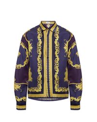 Versace Blue Silk Shirt With Pattern for men