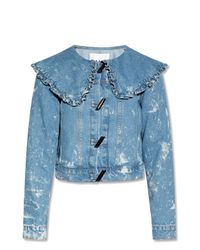 Ganni Blue Denim Jacket With Ruffle Collar