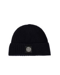 Stone Island Blue Wool Beanie With Patch for men