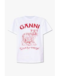Ganni White T-shirt With Cat Motif