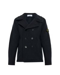Stone Island Blue Wool Coat With Open Lapels for men