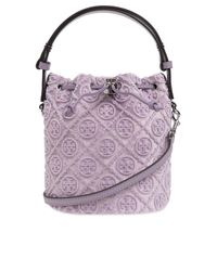 Tory Burch Purple Velvet T Monogram Mini Handbag In 'bucket Style,