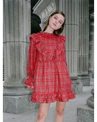 CLUT STUDIO Red 0 6 Tartan Check Ruffle Dress