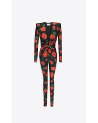 Tuta con scollo a v in jersey con rose di Saint Laurent in Rosso | Lyst