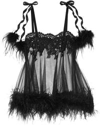 Agent Provocateur Karlotta Feather-trimmed Leavers Lace And Tulle Chemise - Black