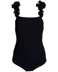 Chanel Black One-piece Camellia Signature Swimsuit Cc Logo Plate