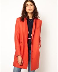 ASOS Paul and Joe Sister Crombie Coat in Coral Wool with Tiger Lining - Orange