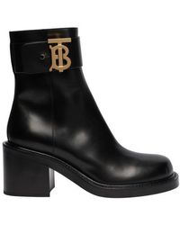 Burberry Monogram Motif Leather Block-heel Boots - Black