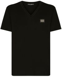 Dolce & Gabbana - Cotton V-Neck T-Shirt With Branded Tag - Lyst