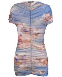 Balmain - Kleid aus gerafftem Tüll mit Sky-Print - Lyst