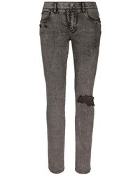 Dolce & Gabbana - Light Gray Slim-fit Stretch Jeans With Rips - Lyst