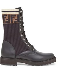 Fendi Black Leather Biker Boots With Stretch Fabric