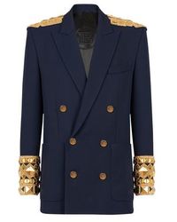 Balmain Navy Twill Blazer With Double-breasted Buttoned Fastening - Blue