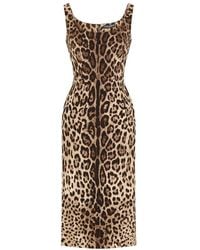 Dolce & Gabbana - Charmeuse Calf-Length Dress With Leopard Print - Lyst