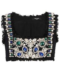 Balmain Tweed Crop Top With Embroide Jewels - Black