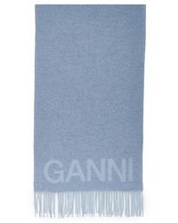 Ganni Logo Wool Scarf - Blue