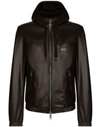 Dolce & Gabbana - Leather Jacket With Hood And Branded Tag - Lyst