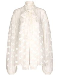 Dolce & Gabbana - Devoré Satin Pussy-bow Shirt With All-over Dg Logo - Lyst