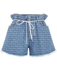 Miu Miu Denim Gestreifte Paperbag-Jeansshorts in Blau Damen Bekleidung Kurze Hosen Jeans-Shorts und Denim-Shorts 