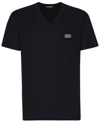 Dolce & Gabbana - Cotton V-neck T-shirt With Branded Tag - Lyst