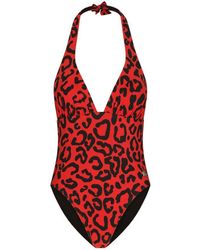 Dolce & Gabbana - Leopard-print One-piece Swimsuit With Plunging Neckline - Lyst