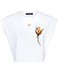 Dolce & Gabbana - Cropped Jersey T-Shirt With Dg Logo And Rose-Embroidered Patch - Lyst