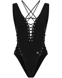 Dolce & Gabbana - One-piece Swimsuit With Plunging Neckline - Lyst