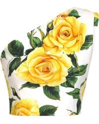 Dolce & Gabbana - Kurzes One-Shoulder-Top Aus Baumwolle Gelbe-Rosen-Print - Lyst