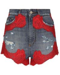 Dolce & Gabbana Denim Shorts With Lace Details - Red