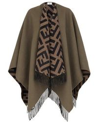Fendi Reversible Fringed Wool And Cashmere-blend Poncho in Brown Womens Clothing Jumpers and knitwear Ponchos and poncho dresses 