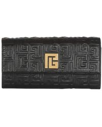Balmain Debossed Leather 1945 Wallet With Monogram And Chain - Black