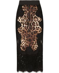 Dolce & Gabbana - Jupe mi-longue en satin à imprimé léopard avec empiècements en dentelle - Lyst