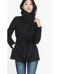 Express Asymmetrical Belted Wool Blend Coat - Black