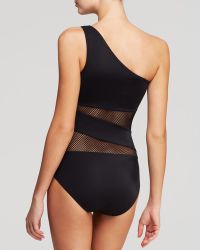 DKNY Mesh Effect One Shoulder One Piece Swimsuit - Black