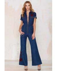Nasty Gal Vintage Dylon Hand Embroidered Denim Jumpsuit - Blue