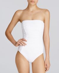 DKNY Body Sculpted Ruched Bandeau One Piece Swimsuit - White