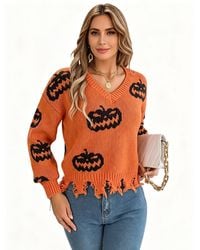 KoJooin - Pullover Damen V-Ausschnitt Pullover Mit Halloween-Kürbis-Motiv Farbkontrast,Gestrickter Langarm-Pullover - Lyst