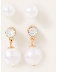 Accessorize - Women's Gold/white Tiny Pearl Stud And Short Drop Earrings Set Of Two - Lyst